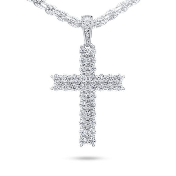 2 Row VVS1 Moissanite Cross Pendant Men Women, 18k White Gold Plated 925 Silver - Picture 5 of 7